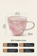 Pembe Beyaz Çiçekli Çift Cidarlı Cam Kupa, 350 ml, 11 cm x 8 cm - görsel 2