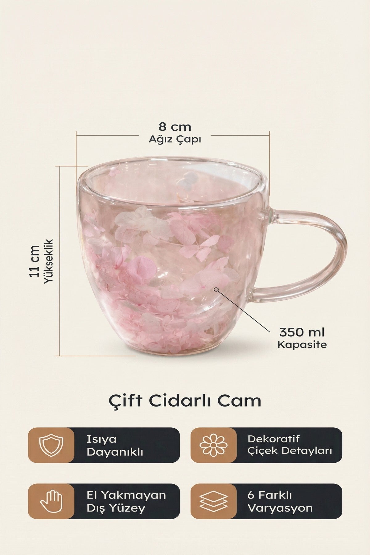 Pembe Beyaz Çiçekli Çift Cidarlı Cam Kupa, 350 ml, 11 cm x 8 cm - görsel 2