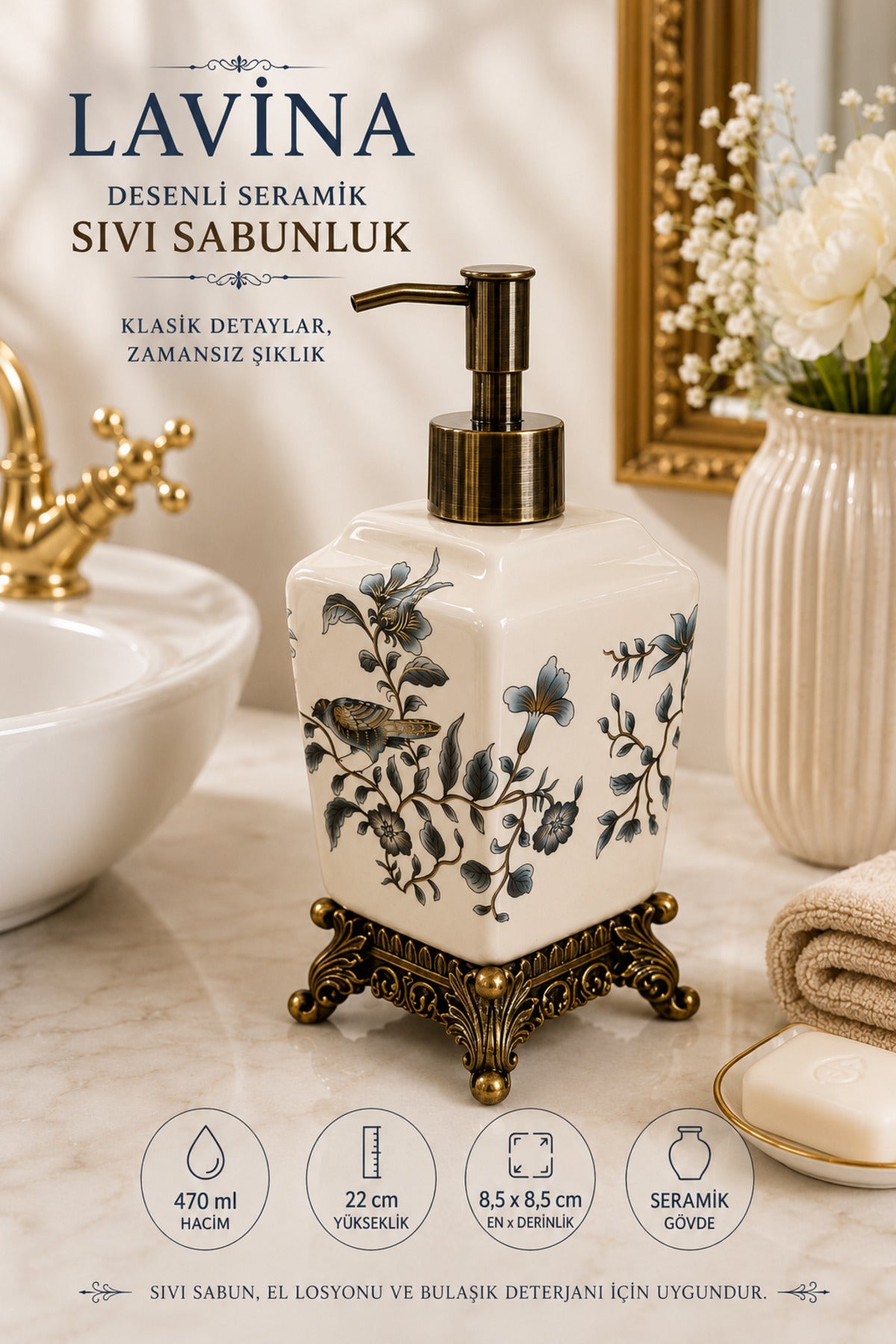 Lavina Seramik Sıvı Sabunluk, Krem, Bronz Ayaklı 470 ml – Nostalji