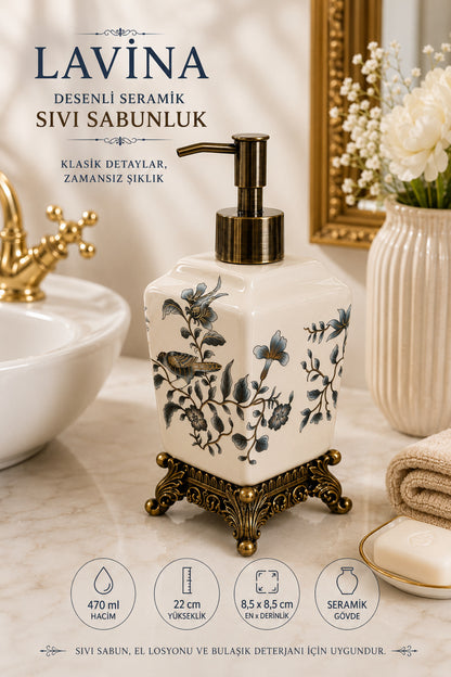 Lavina Seramik Sıvı Sabunluk, Krem, Bronz Ayaklı 470 ml – Nostalji