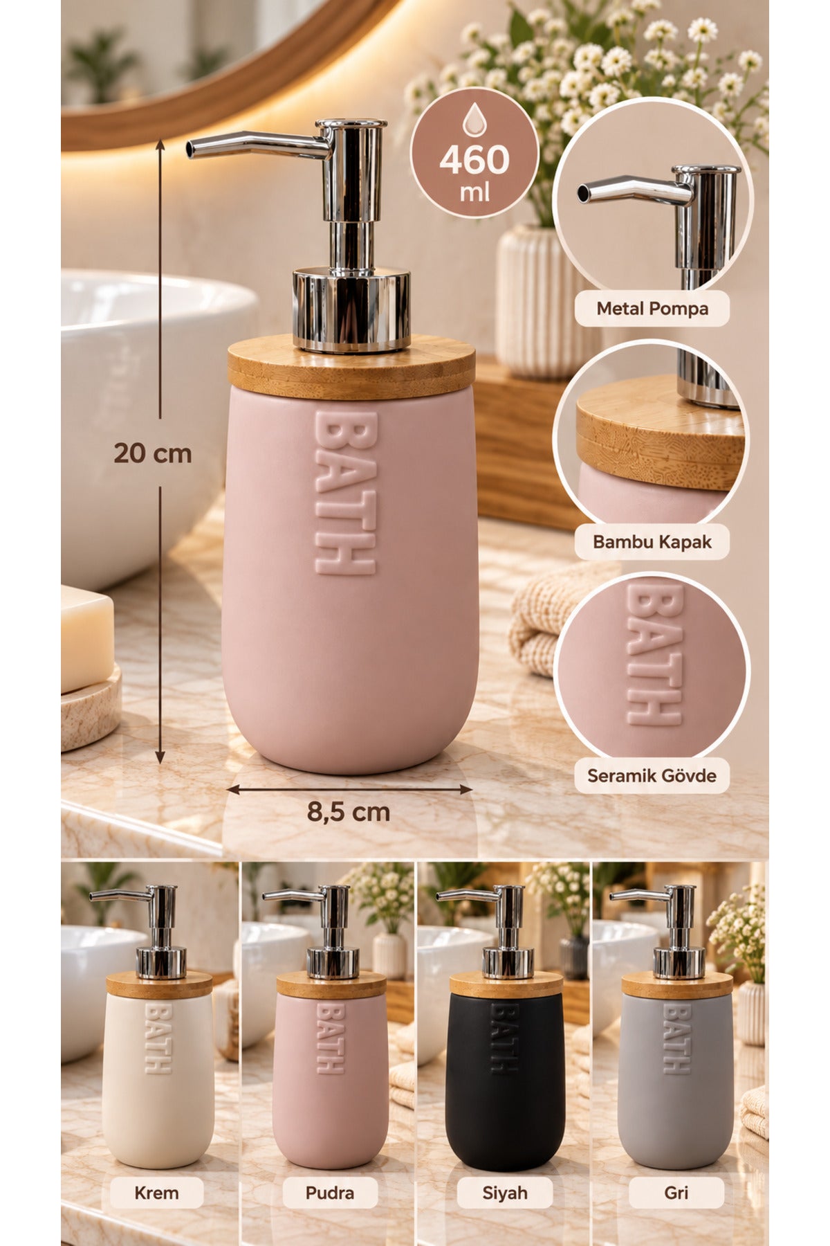 Seramik Sıvı Sabunluk Bambu Kapaklı 460 ml 8,5x20 cm