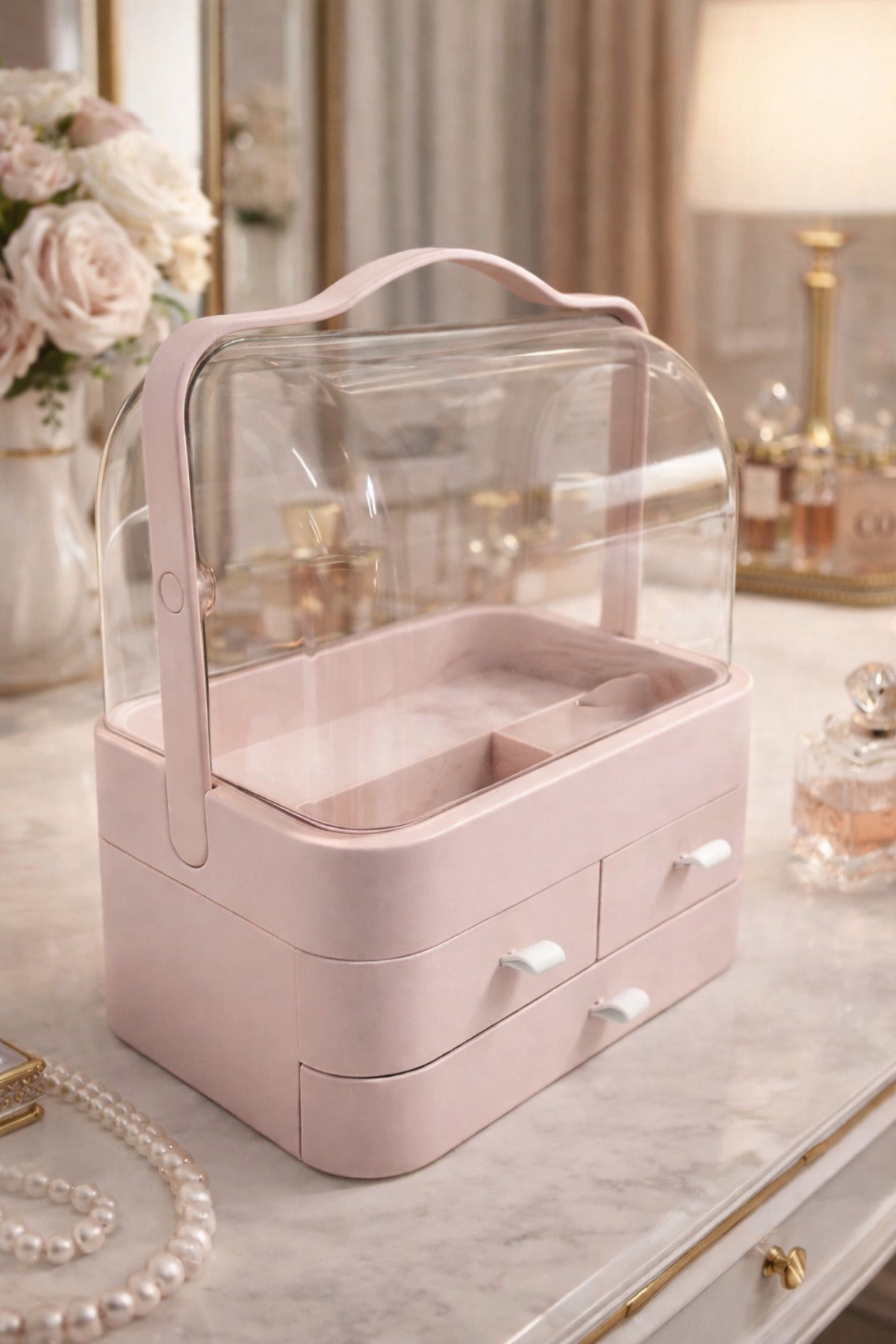 Makyaj Organizeri, 35x26x17,5 cm, 3 Çekmeceli, Şeffaf 90° İki Kapaklı – Pembe