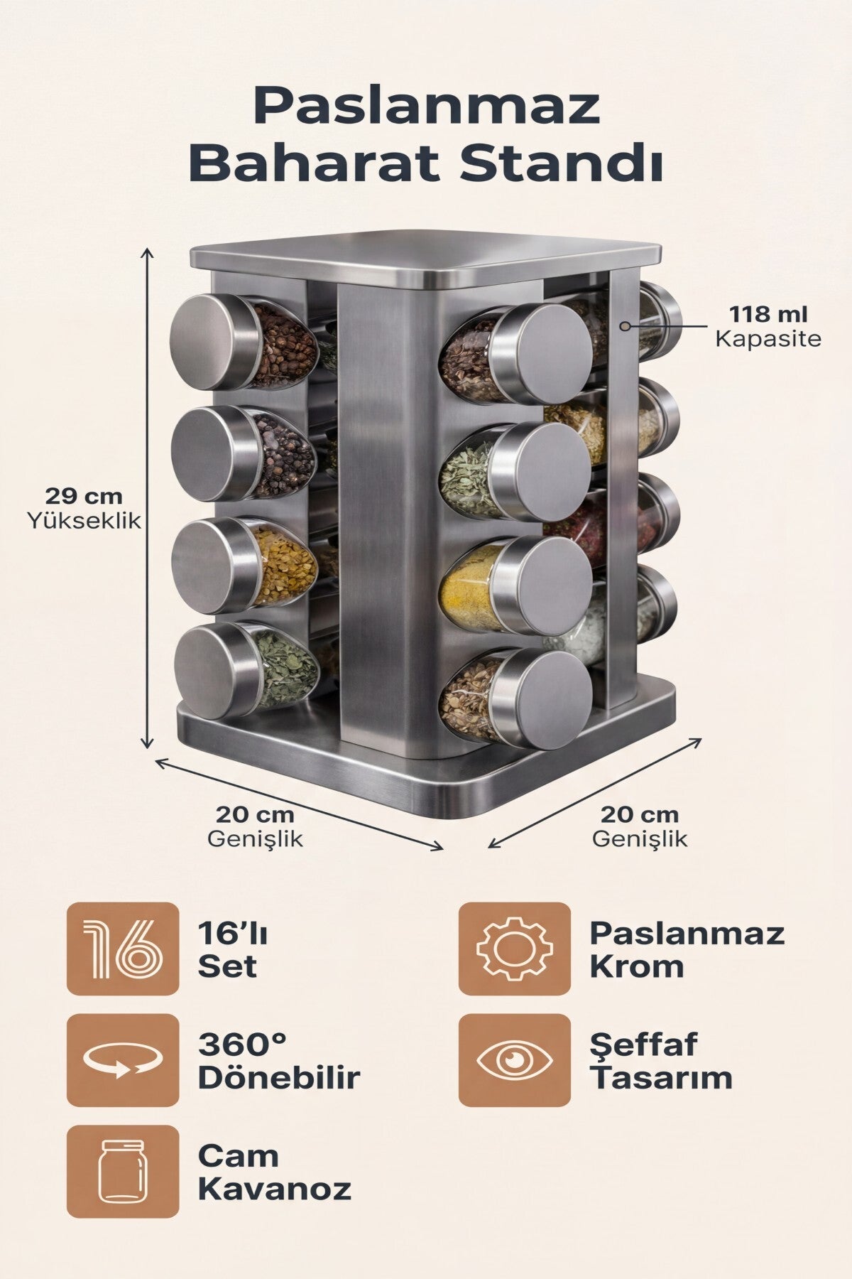 16'lı Döner Baharatlık Seti Krom Kare Stantlı 118 ml Cam Kavanoz – 360° Döner 29x20 cm