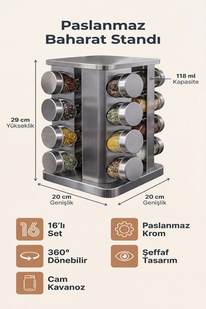 16'lı Döner Baharatlık Seti Krom Kare Stantlı 118 ml Cam Kavanoz – 360° Döner 29x20 cm