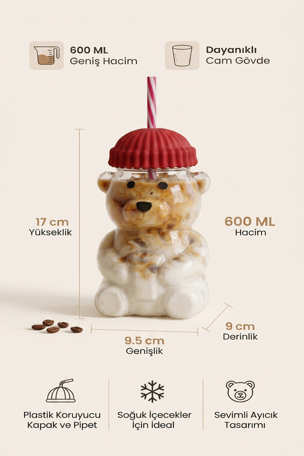 Ayıcıklı Tasarım Cam Matara Pipetli Koruyucu Başlıklı Bardak 600 ml (Yeşil, Sarı, Mavi, Siyah, Kırmızı Renk Seçenekleri) - görsel 2
