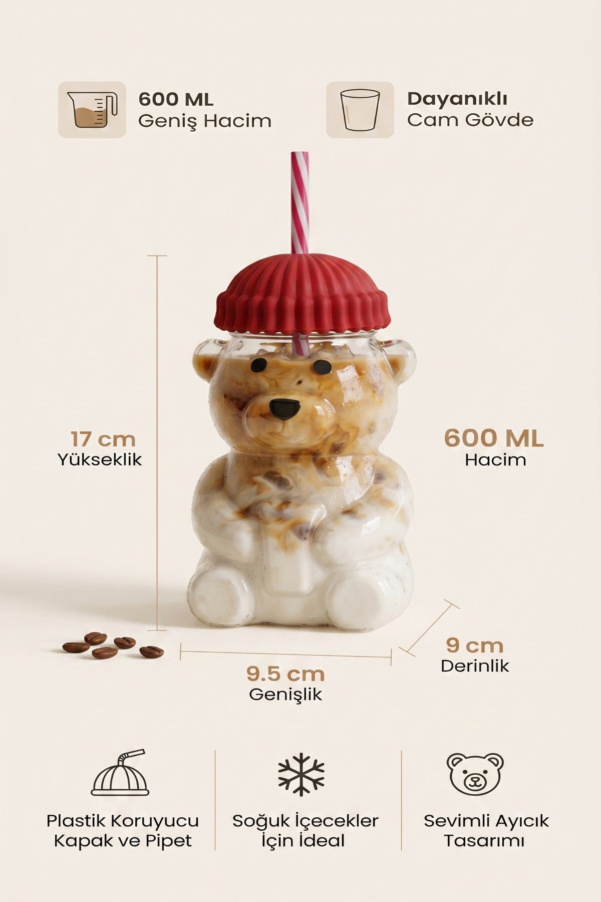 Ayıcıklı Tasarım Cam Matara Pipetli Koruyucu Başlıklı Bardak 600 ml (Yeşil, Sarı, Mavi, Siyah, Kırmızı Renk Seçenekleri) - görsel 2