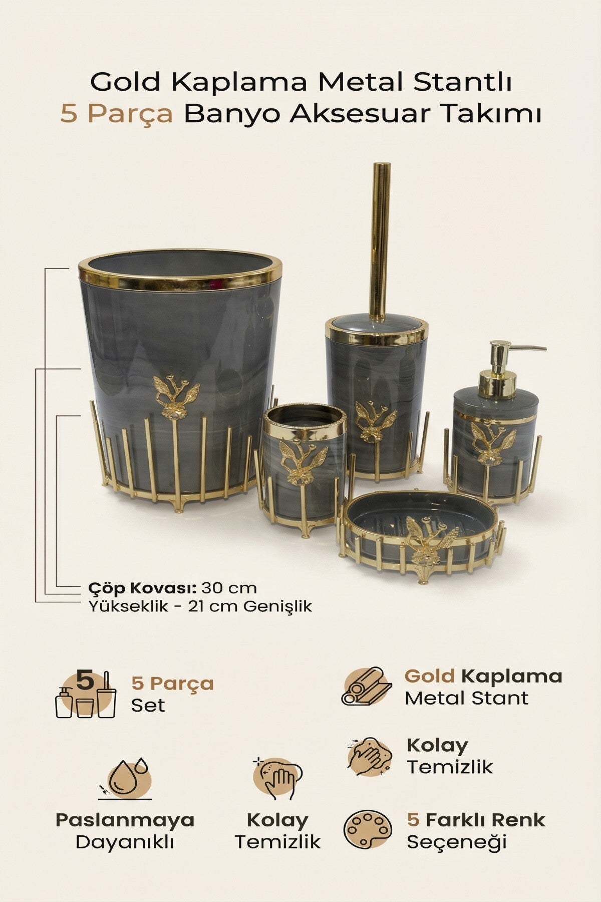Gold Kaplama Metal Stantlı 5 Parça Mermer Desenli ve Düz Renk Seçenekli Banyo Aksesuar Takımı