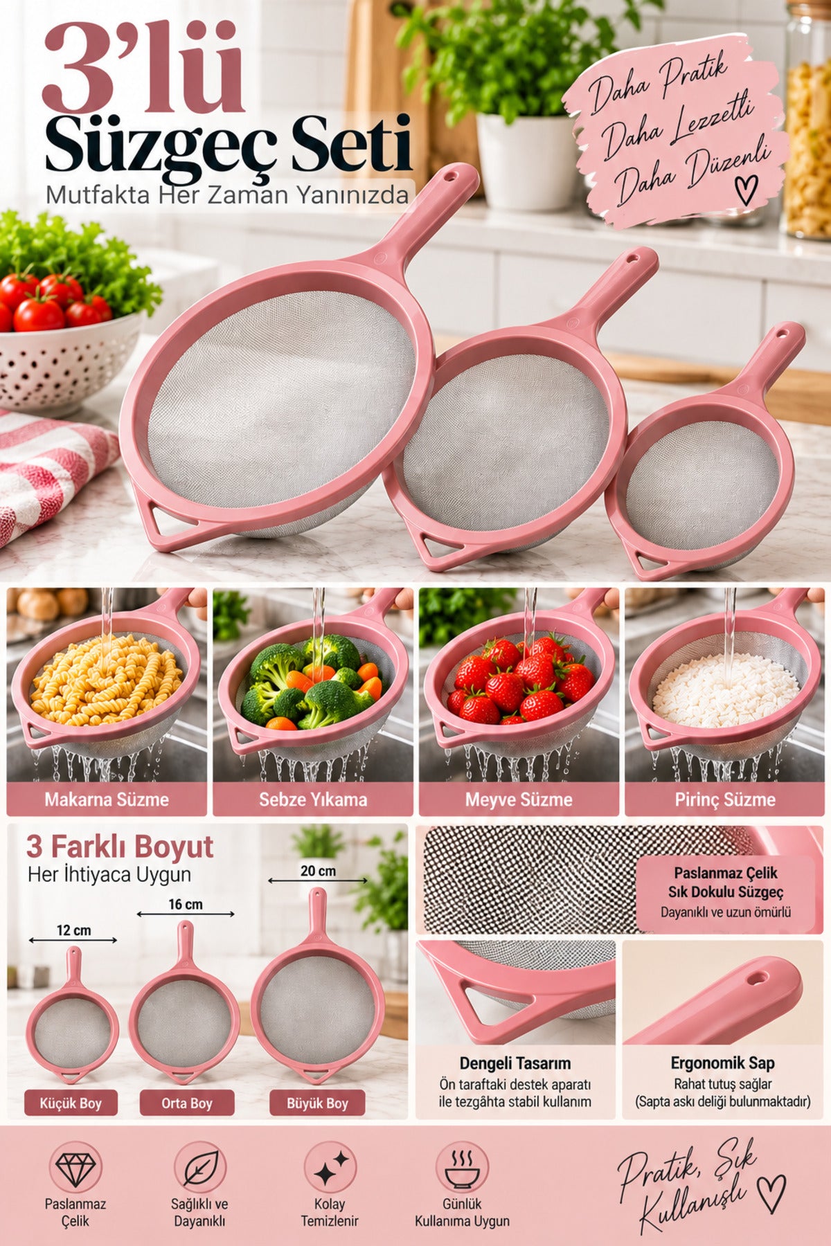 3’lü Paslanmaz Çelik Tel Süzgeç Seti 12-17-22 cm Pembe Mutfak Süzgeci