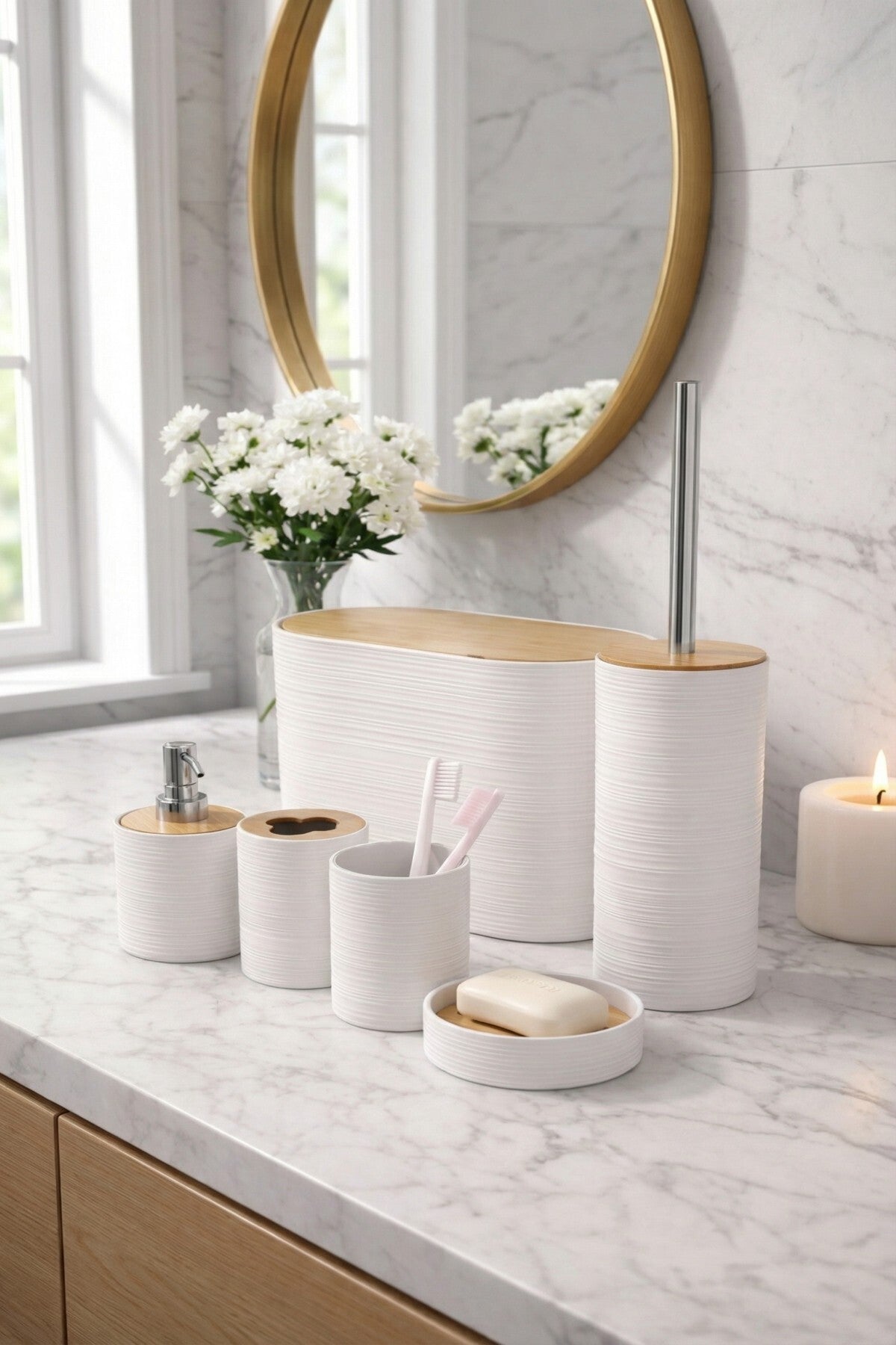 6 Parça Banyo Seti, Bambu Detaylı, 8L Çöp Kovası 24x26x16 cm