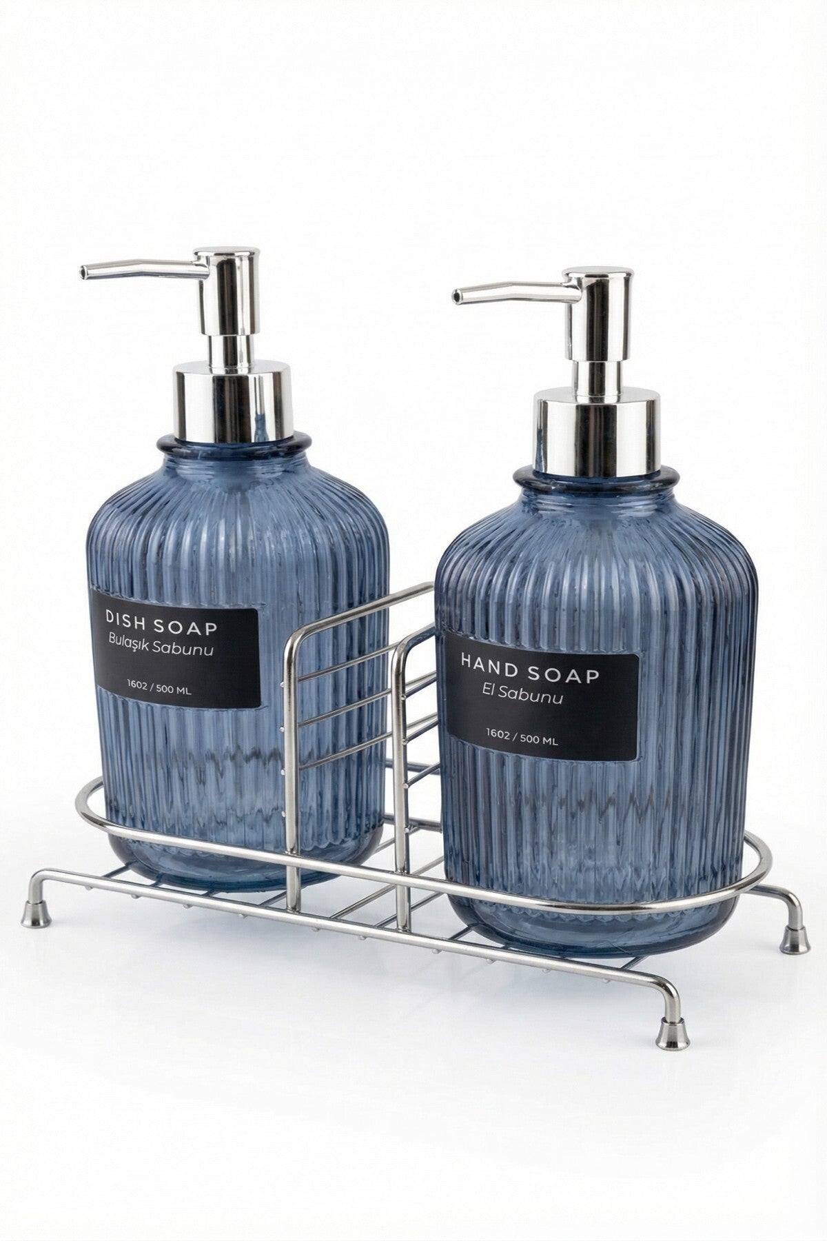 2'li Cam Sabunluk/Deterjanlık, 500 ml, Renk Metal Stantlı, 21,5x9x23 cm