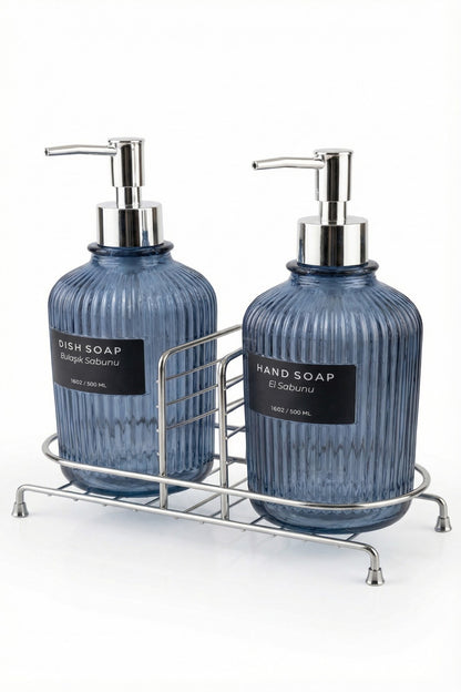 2'li Cam Sabunluk/Deterjanlık, 500 ml, Renk Metal Stantlı, 21,5x9x23 cm
