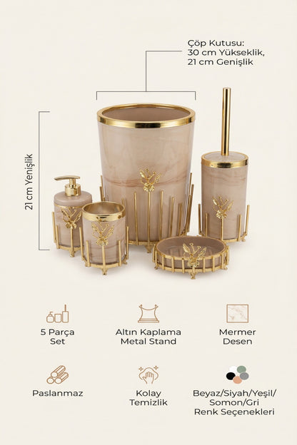 Gold Kaplama Metal Stantlı 5 Parça Mermer Desenli ve Düz Renk Seçenekli Banyo Aksesuar Takımı