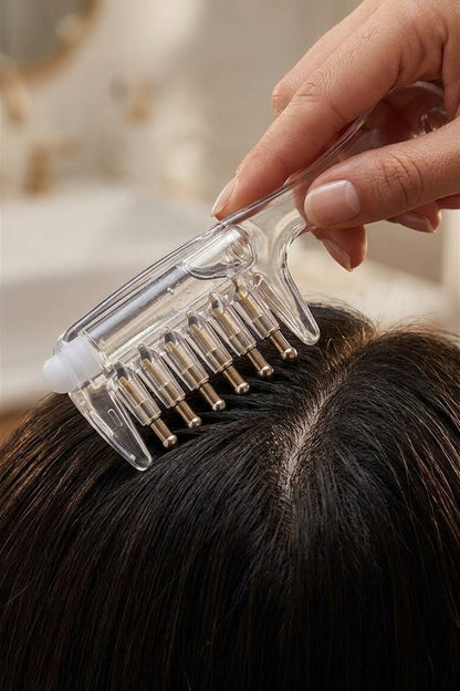 Saç Bakım Sıvısı Uygulama Tarağı – Bilyeli Masaj Uçlu, 10 ml Hazneli, Damlalıklı