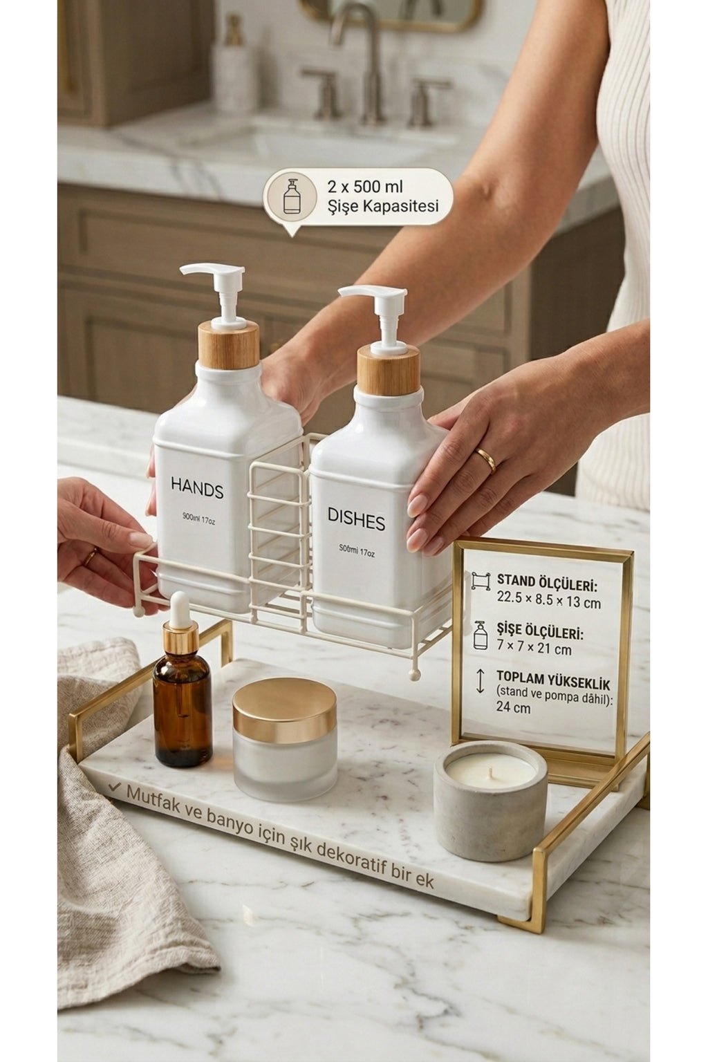 Stantlı Bambu Kapaklı İkili Cam Sıvı Sabunluk & Deterjanlık Seti – 2×500 ml, 22,5 × 8,5 × 24 cm