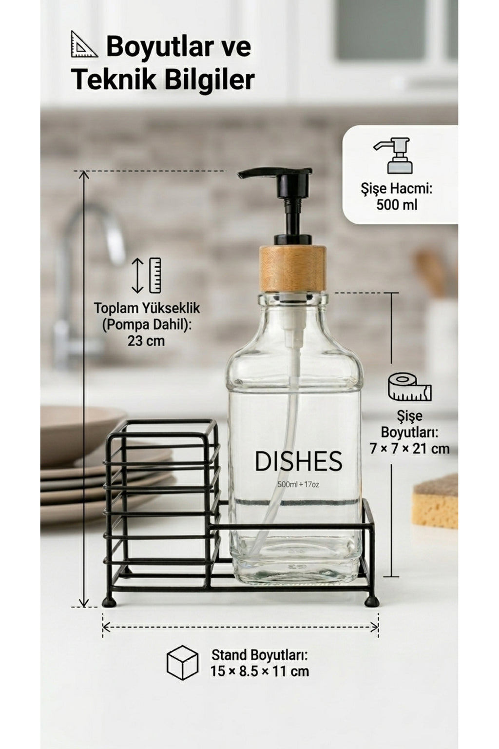Metal Stantlı Bambu Kapaklı Cam Sıvı Sabunluk/Deterjanlık, 500 ml, 15 × 8,5 × 23 cm