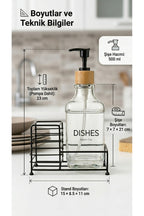 Metal Stantlı Bambu Kapaklı Cam Sıvı Sabunluk/Deterjanlık, 500 ml, 15 × 8,5 × 23 cm
