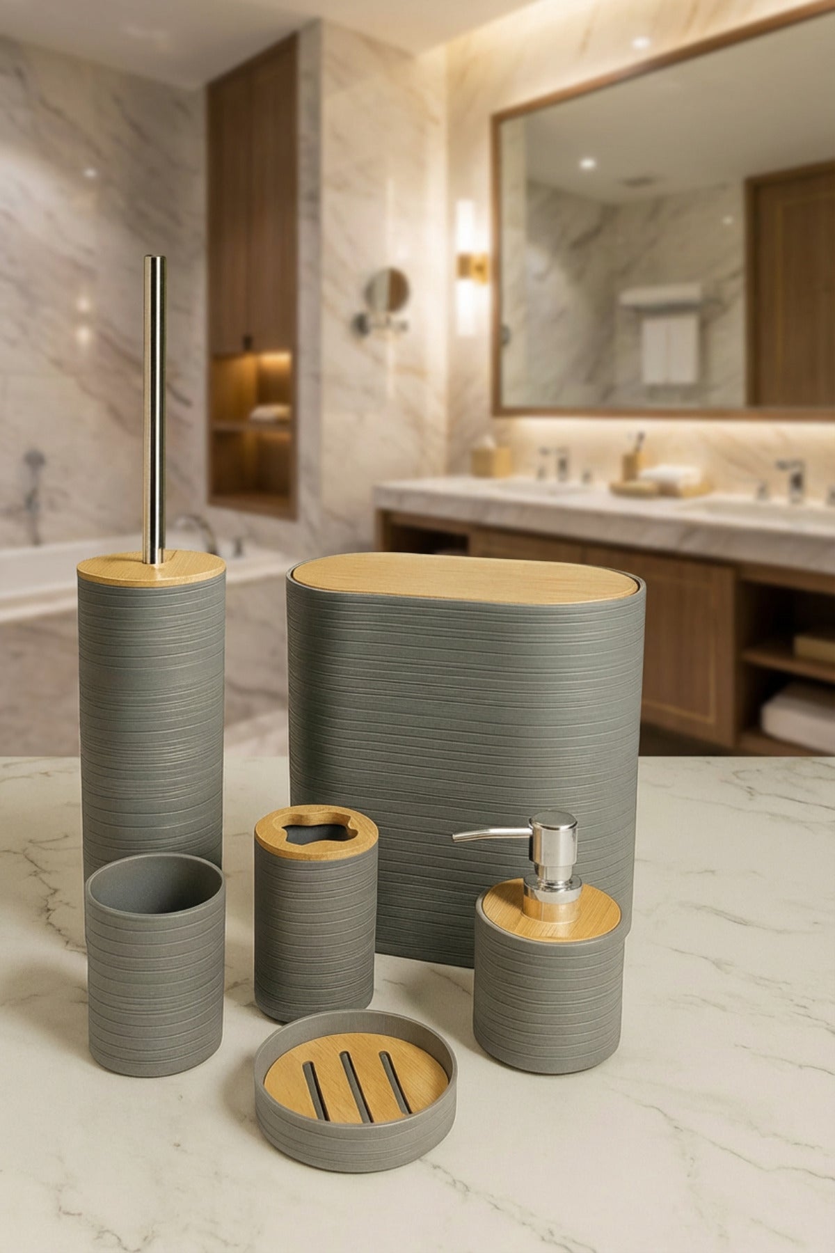 6 Parça Bambu Kapaklı Banyo Seti, Gri, Oval, Hacim: 8 litre