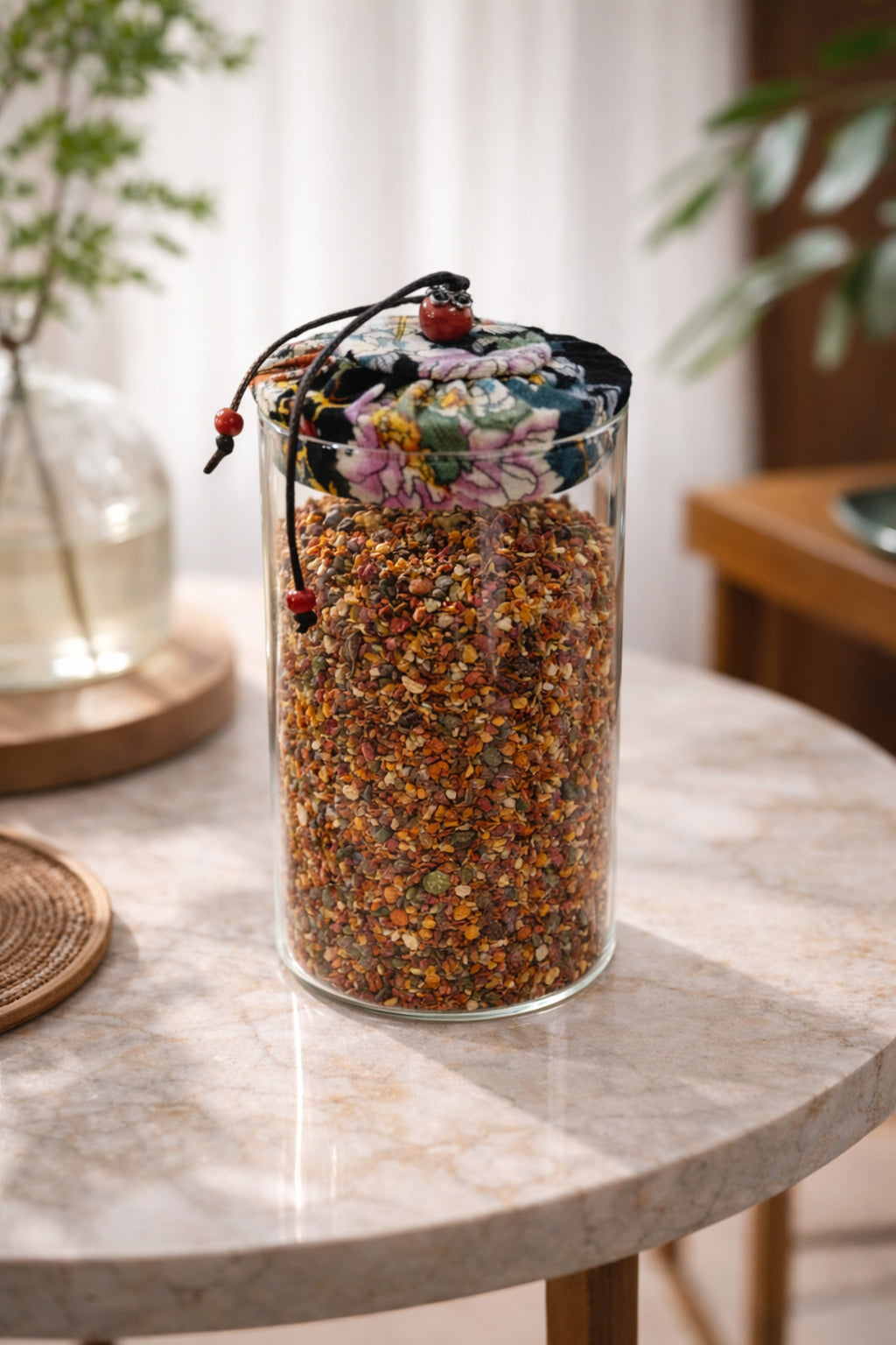 650 ml Borosilikat Cam Hava Geçirmez Kumaş Kaplama Bambu Kapaklı Kavanoz, çap: 8 cm, h: 18 cm