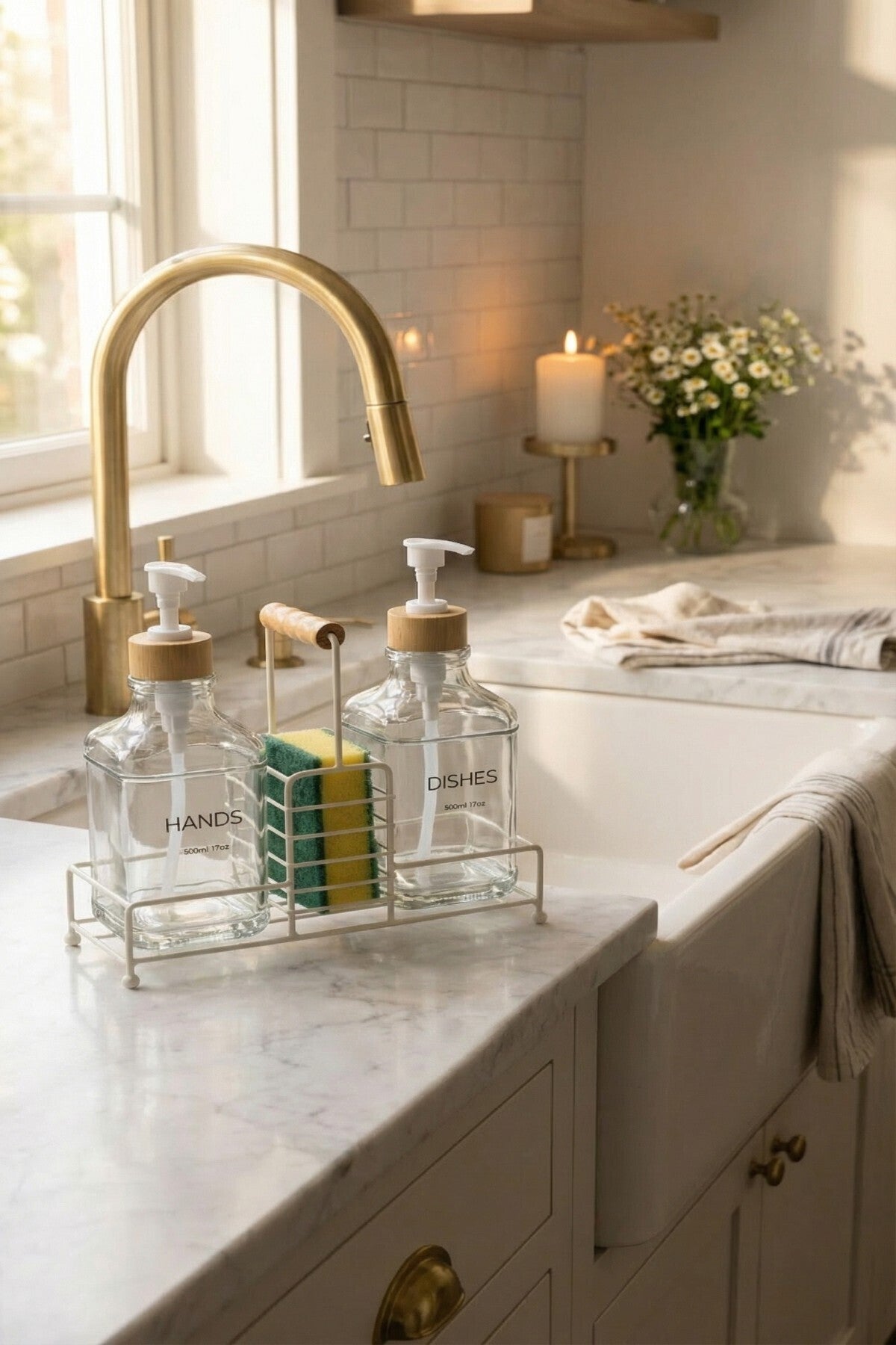 Lüks Bambu Kulplu Metal Stantlı İkili Cam Sıvı Sabunluk 500 ml, 23x9x23,5 cm