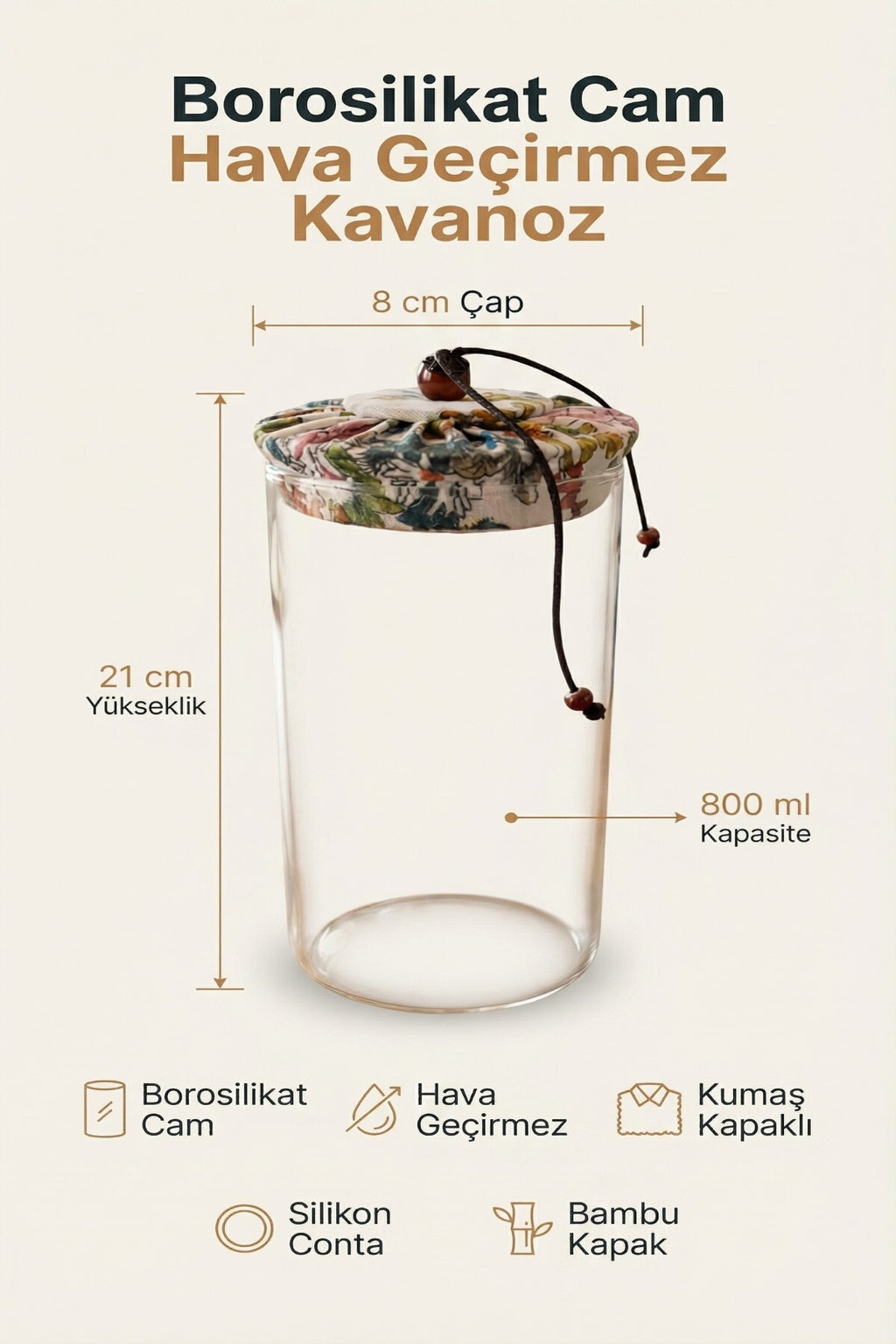 800 ml Borosilikat Cam Hava Geçirmez Kumaş Kaplama Bambu Kapaklı Kavanoz, çap: 8 cm, h: 21 cm
