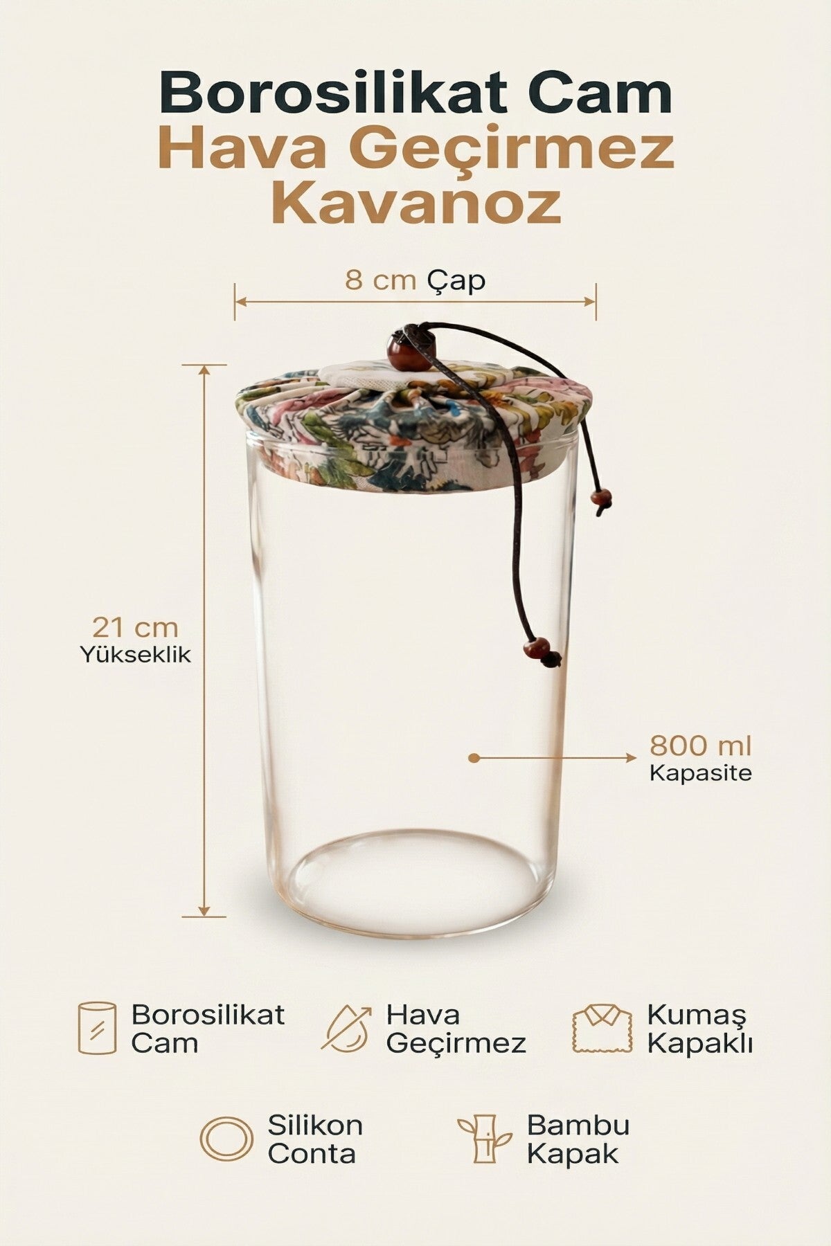 800 ml Borosilikat Cam Hava Geçirmez Kumaş Kaplama Bambu Kapaklı Kavanoz, çap: 8 cm, h: 21 cm
