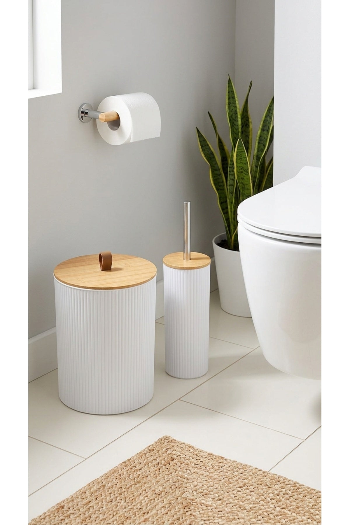 5 Parça Yuvarlak Banyo Seti, Bambu Kapaklı, Hacim: 7 litre