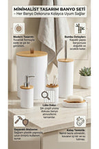 5 Parça Yuvarlak Banyo Seti, Bambu Kapaklı, Beyaz, Hacim: 7 litre