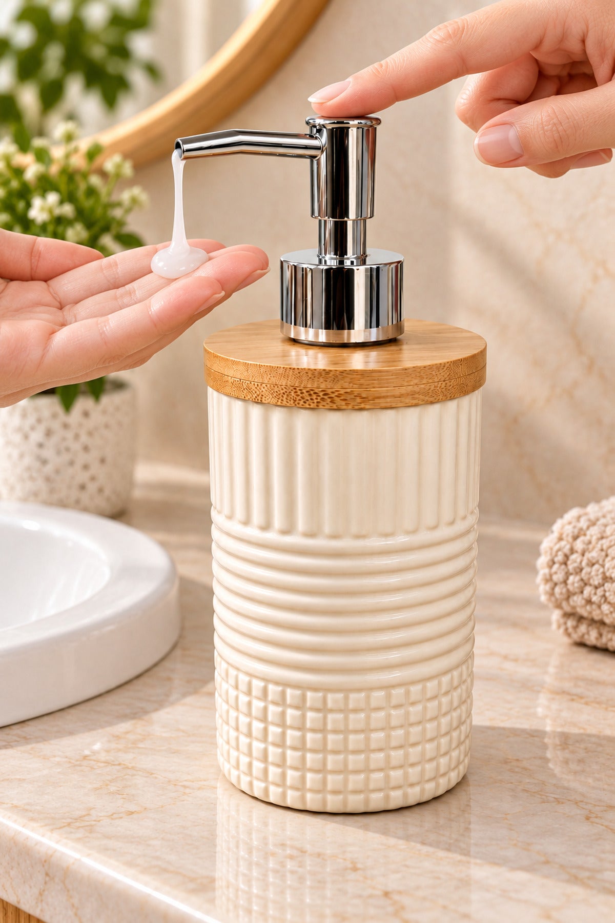 400 ml Bambu Kapaklı Sıvı Sabunluk, Desenli Seramik, 8x19 cm