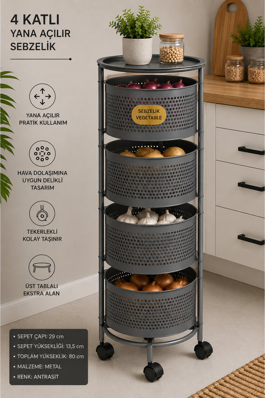 4 Katlı Yana Açılır Metal Sebzelik, Antrasit, Tekerlekli, Üst Tablalı, 80 cm