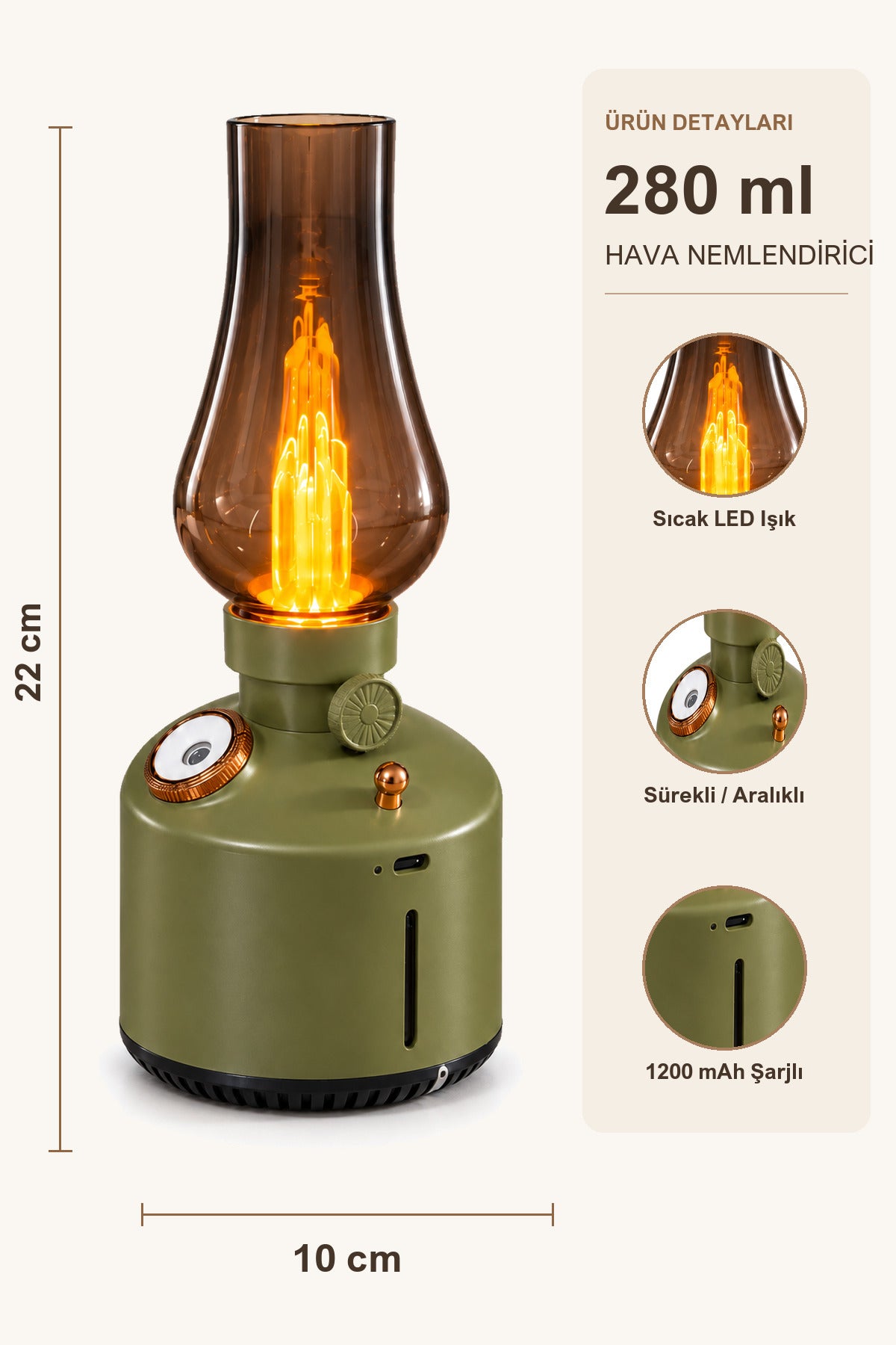 Vintage Lamba Tasarımlı Hava Nemlendirici 280 ml, LED Işıklı, Şarjlı, 22x10 cm