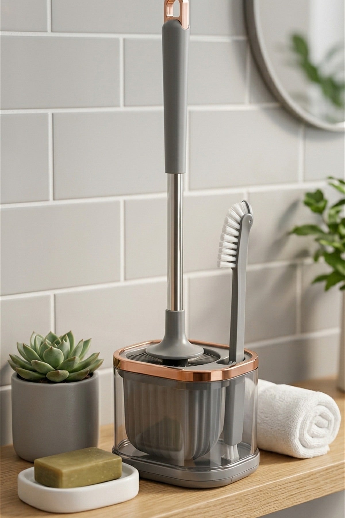 WC Fırçası ve Temizlik Fırçası Seti, Gri, Duvara Monte Edilebilir, 45 cm - görsel 5