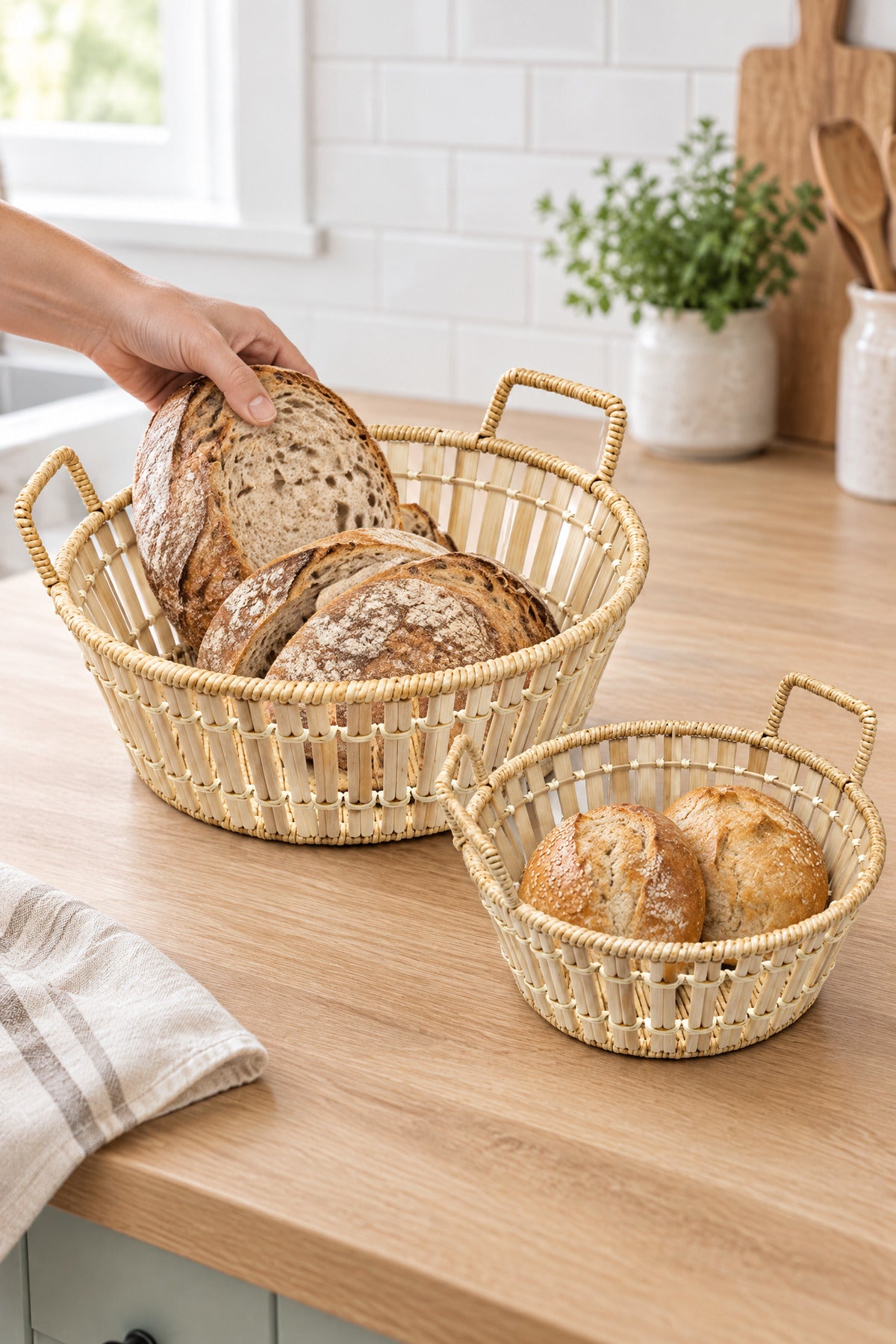 2'li Yuvarlak Bambu Hasır Kulplu Sepet Seti, Ekmek ve Meyve Sepeti, 29 cm + 25 cm