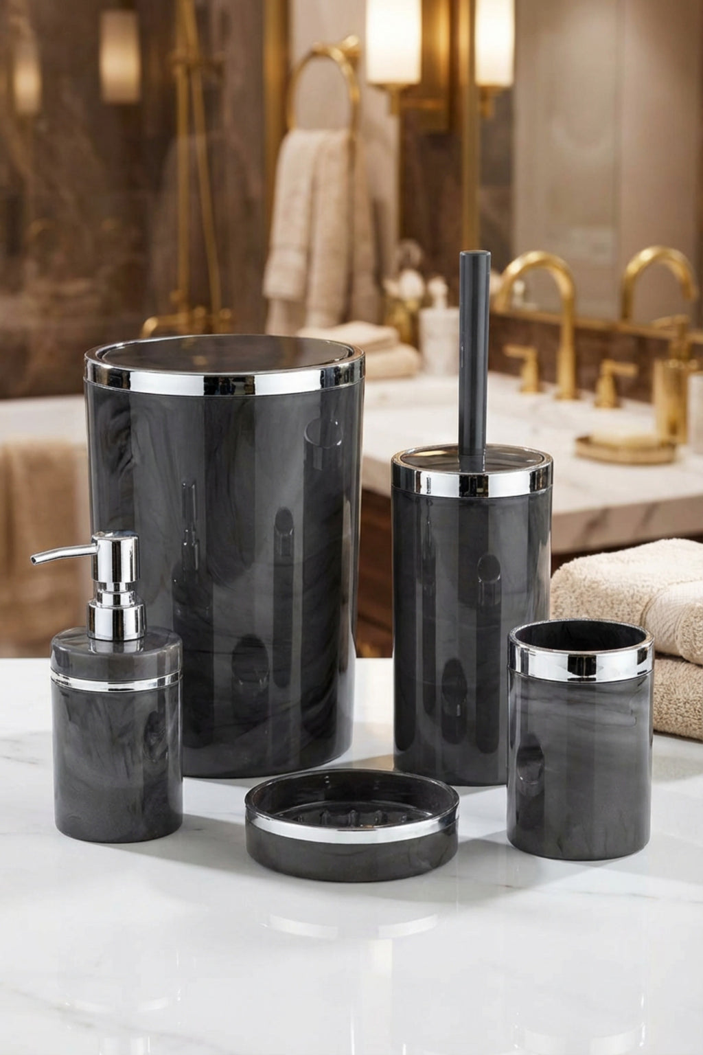 5 Parça Akrilik Banyo Seti, Şık ve Kaliteli Akrilik, Gümüş Renk Detaylı