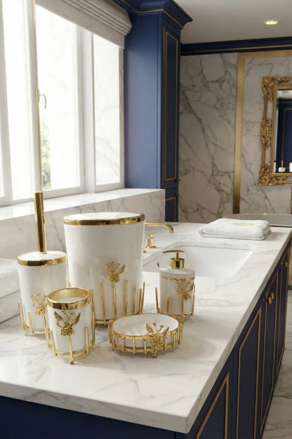 Gold Kaplama Metal Stantlı 5 Parça Mermer Desenli ve Düz Renk Seçenekli Banyo Aksesuar Takımı
