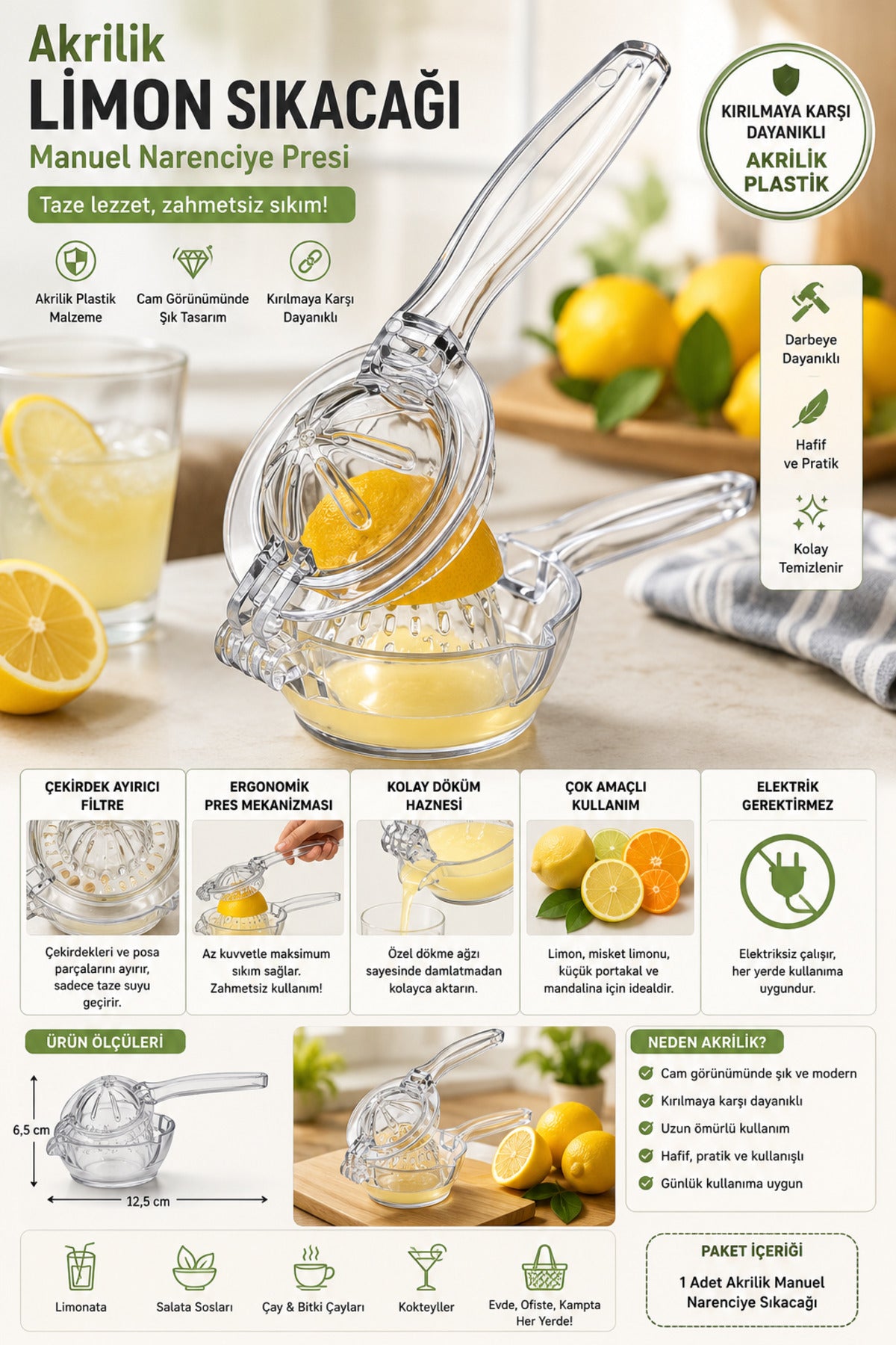 Akrilik Limon Sıkacağı Manuel Narenciye Presi Çekirdek Ayırıcılı Kırılmaya Dayanıklı Plastik Şeffaf
