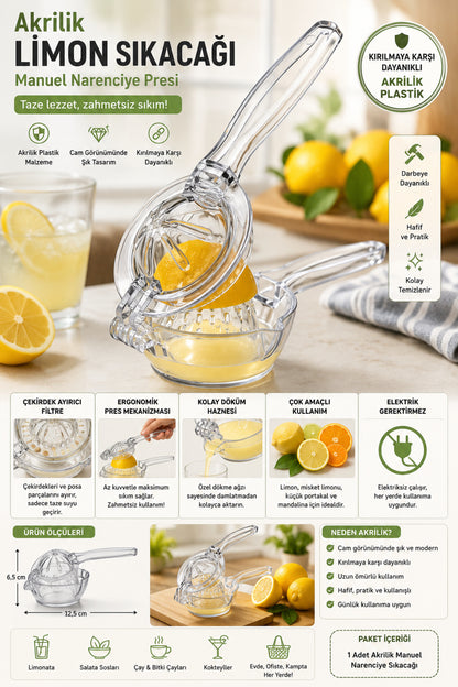 Akrilik Limon Sıkacağı Manuel Narenciye Presi Çekirdek Ayırıcılı Kırılmaya Dayanıklı Plastik Şeffaf