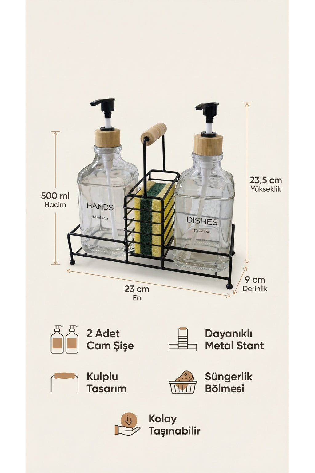 Lüks Bambu Kulplu Siyah Metal Stantlı İkili Cam Sıvı Sabunluk 500 ml, 23x9x23,5 cm - görsel 2