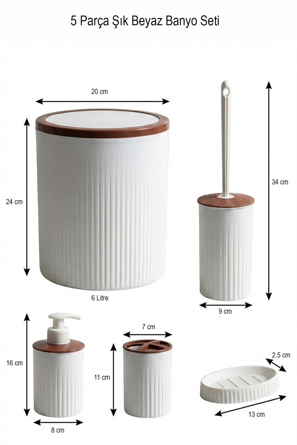 5 Parça Şık Beyaz Banyo Seti, Hacim: 6 litre