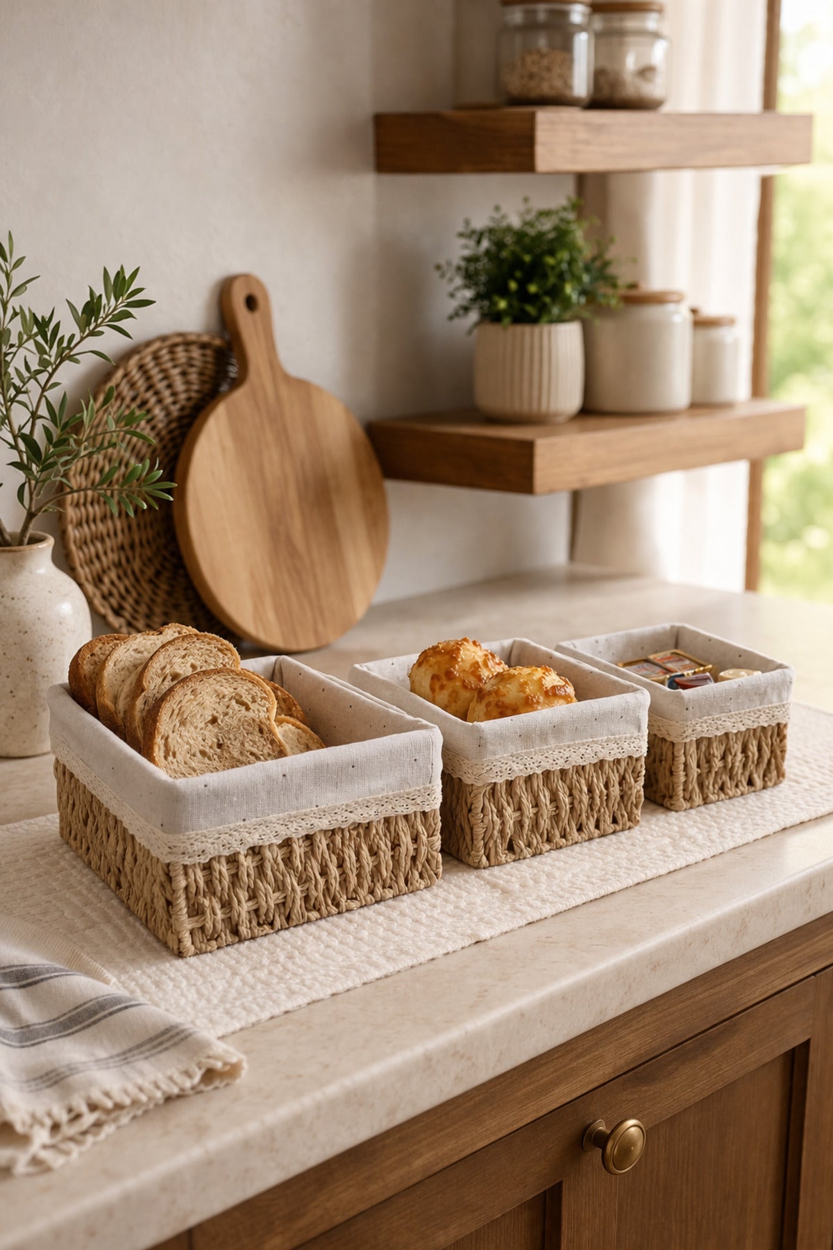 3’lü Bambu Ekmek Sepeti Seti, 26x20x12 cm, Metal Çerçeveli Dantelli Çiçek Desenli Kumaşlı Organizer - görsel 5