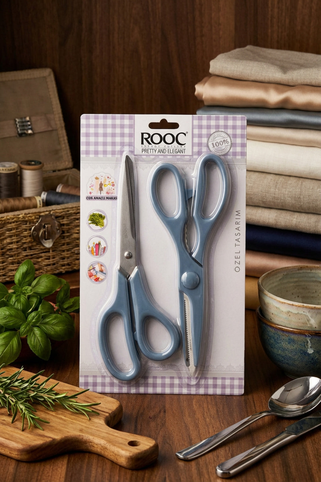 Tırtıklı Ağız 2'li Çok Amaçlı Makas Seti – Büyük Boy Mavi, 22 Cm