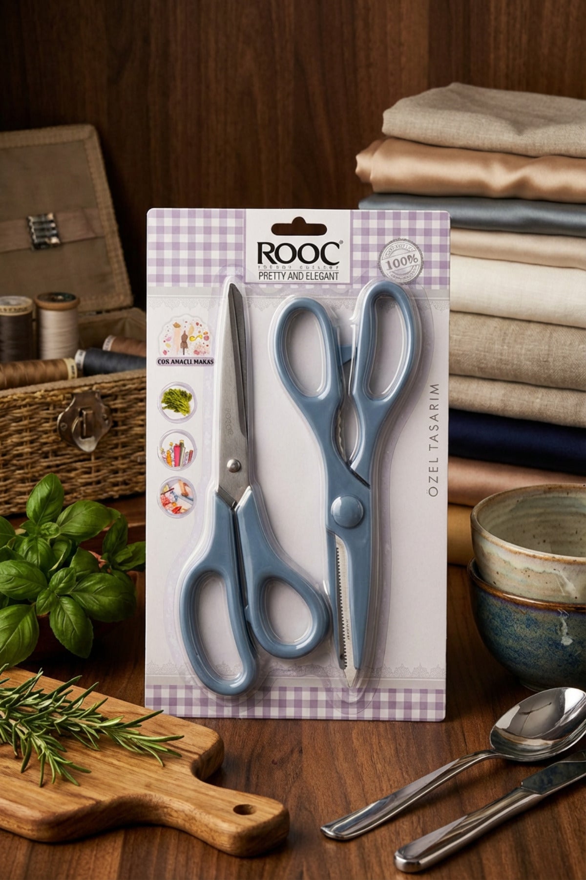 Tırtıklı Ağız 2'li Çok Amaçlı Makas Seti – Büyük Boy Mavi, 22 Cm