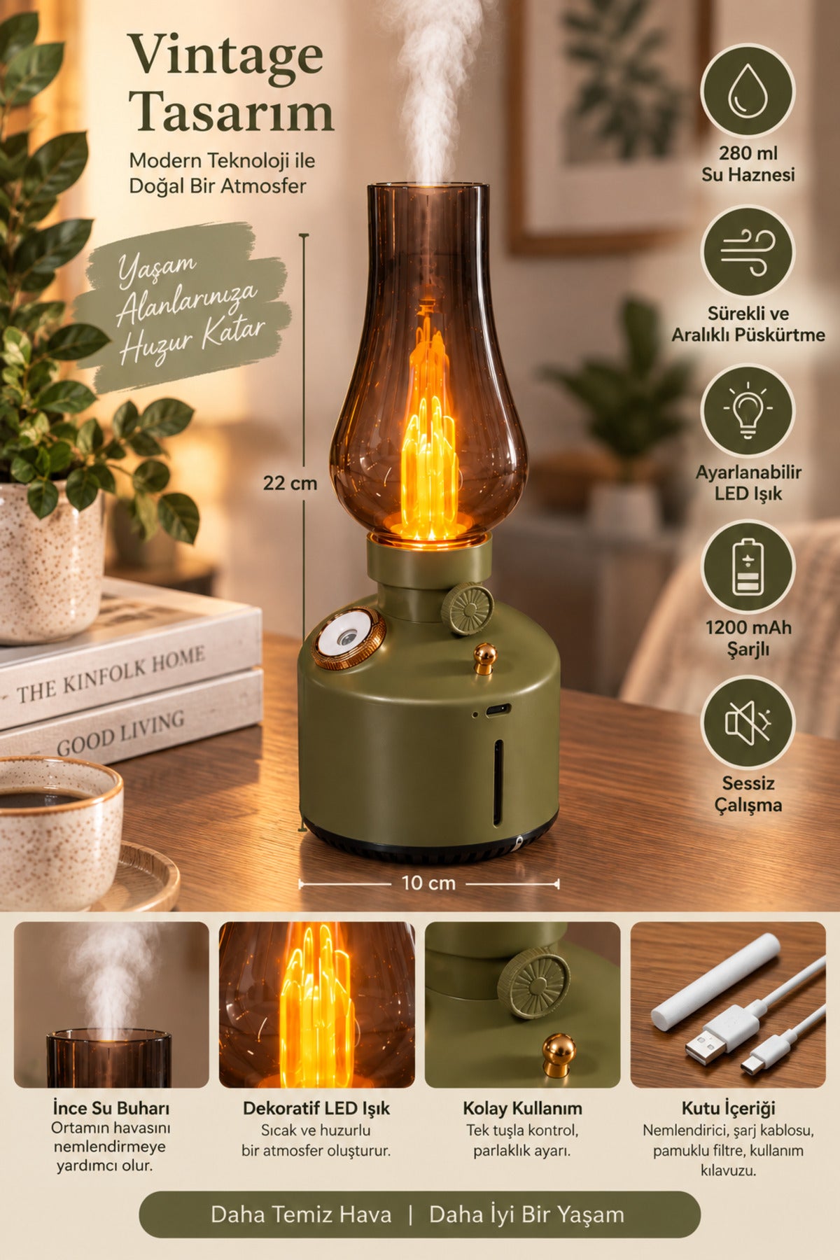 Vintage Lamba Tasarımlı Hava Nemlendirici 280 ml, LED Işıklı, Şarjlı, 22x10 cm
