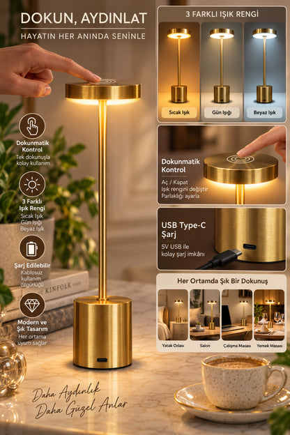 3 Kademe Işıklı Şarj Edilebilir LED Masa Lambası Dokunmatik Gold 33 cm USB Type-C Dekoratif Aydınlatma