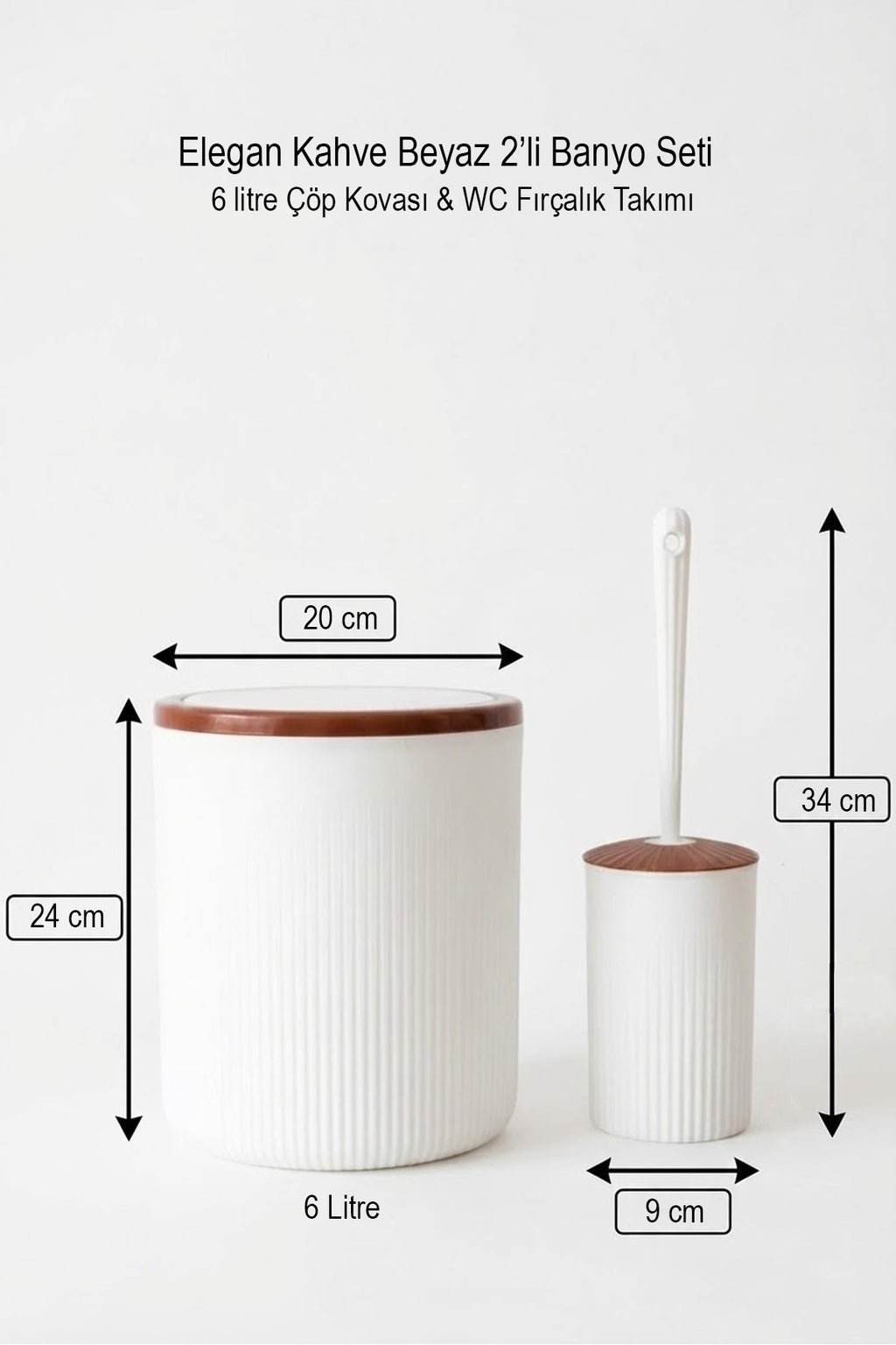 Elegan Kahve Beyaz 2’li Banyo Seti – 6 litre Çöp Kovası & WC Fırçalık Takımı