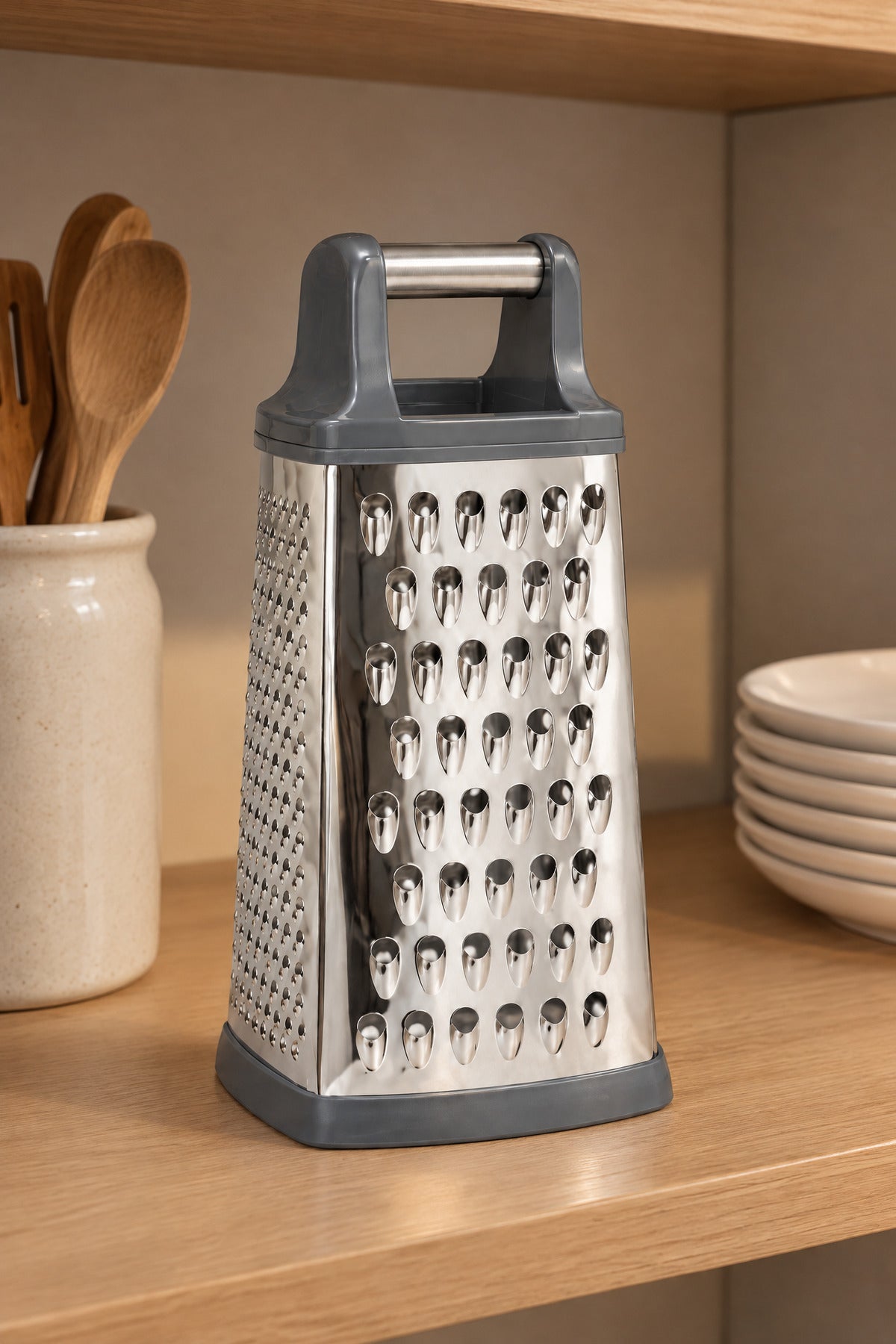 4 Yüzlü Çelik Rende, Silikon Tabanlı, Tutma Saplı, Gri, 23 cm