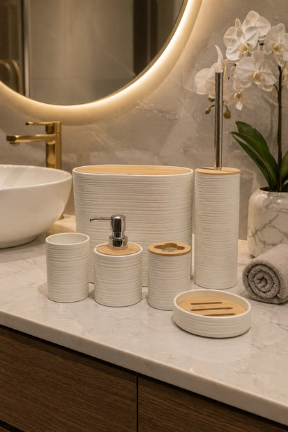 6 Parça Banyo Seti, Bambu Detaylı, 8L Çöp Kovası 24x26x16 cm