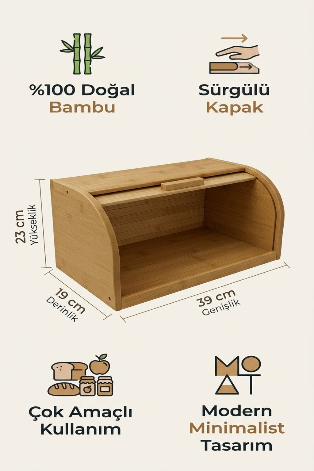 Doğal Ahşap Bambu Ekmeklik DEMONTE Ahşap Ekmek Sepeti, Bambu Ekmek Kutusu (40 x 17 x 27 cm)