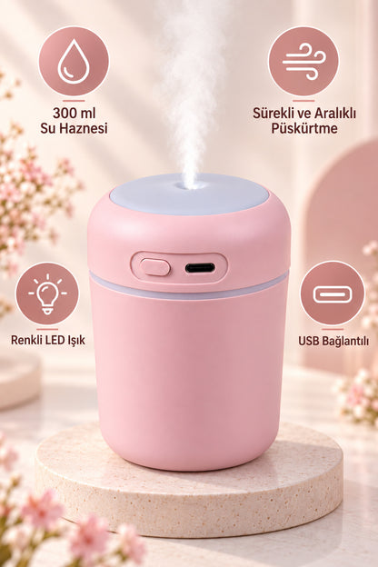 Hava Nemlendirici 300 ml, USB Şarjlı, LED Işıklı, 7,5 x 11 cm