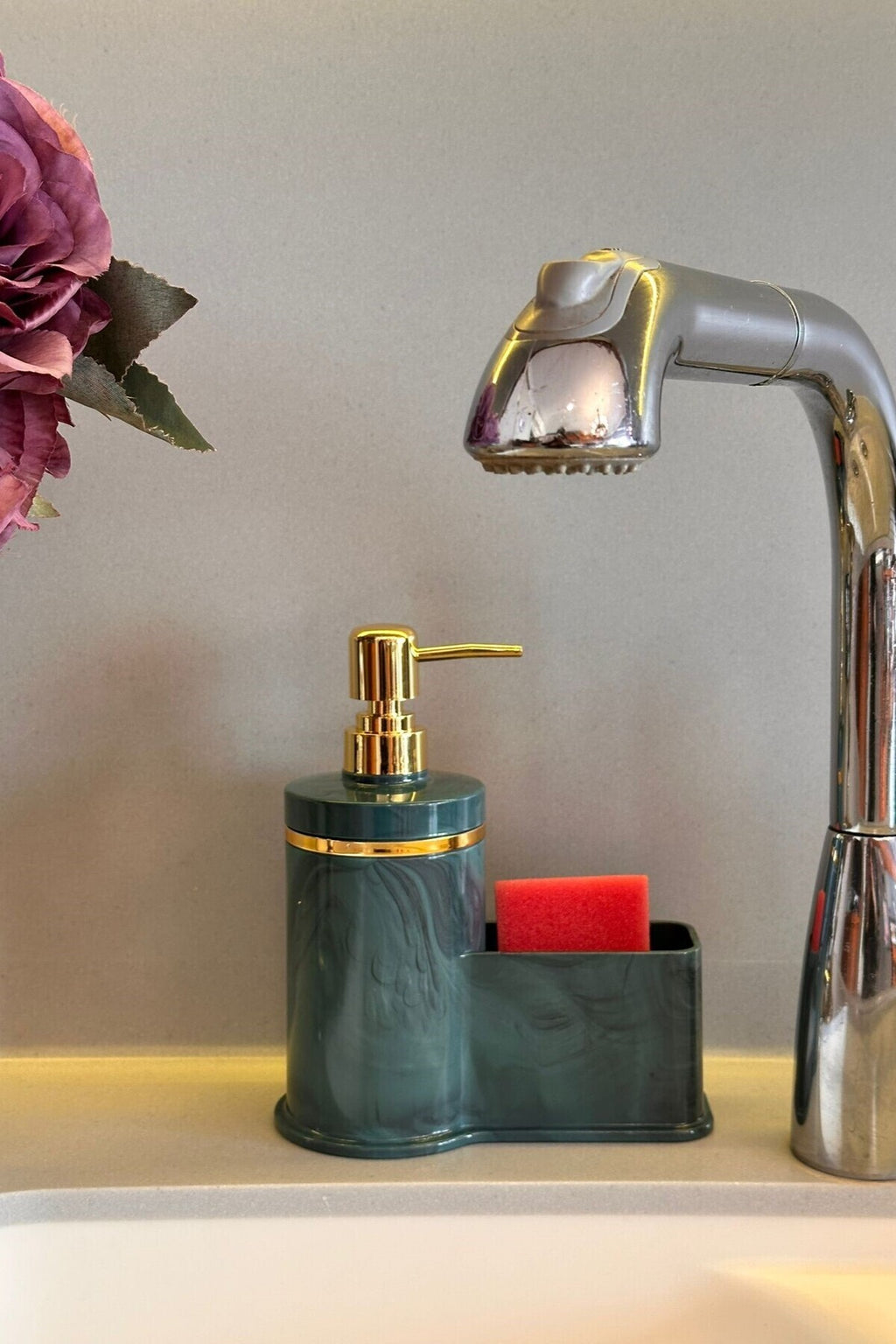 Mutfak Veya Banyo İçin Şık Altın Rengi Detaylı Süngerlikli Sıvı Sabunluk , Yerli Üretim
