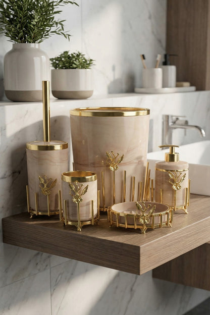 Gold Kaplama Metal Stantlı 5 Parça Mermer Desenli ve Düz Renk Seçenekli Banyo Aksesuar Takımı